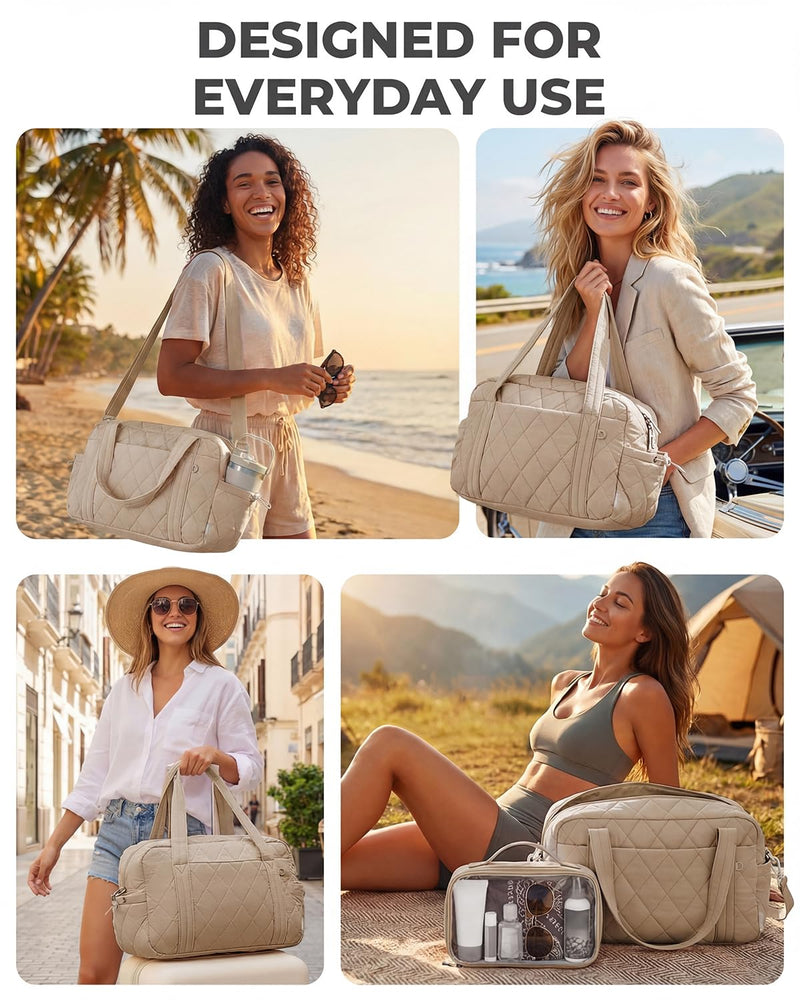 Percover Weekender Bag for Women, Ultra Lightweight Travel Duffle, Carry On Personal Item Overnight Bag with Toiletry Pouch & Compartments, Quilted Gym & Travel Bag, Camel Tan