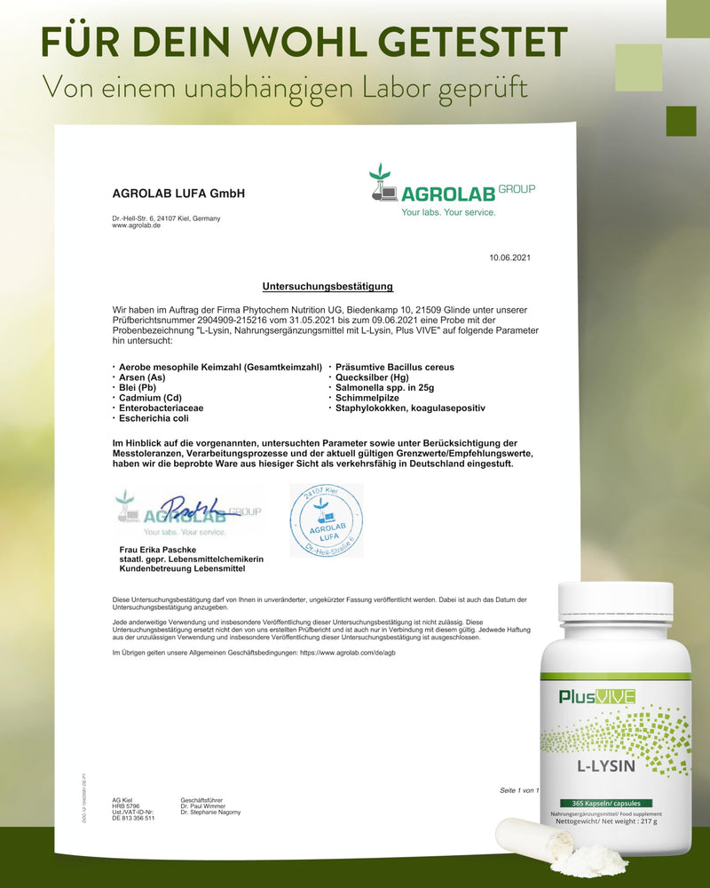 [Australia] - PlusVive L-Lysine capsules high dosage I 1x 365 capsules I 500mg L-Lysine Hcl per capsule I Essential amino acid I From plant-based fermentation I Vegan & laboratory-tested dietary supplement 