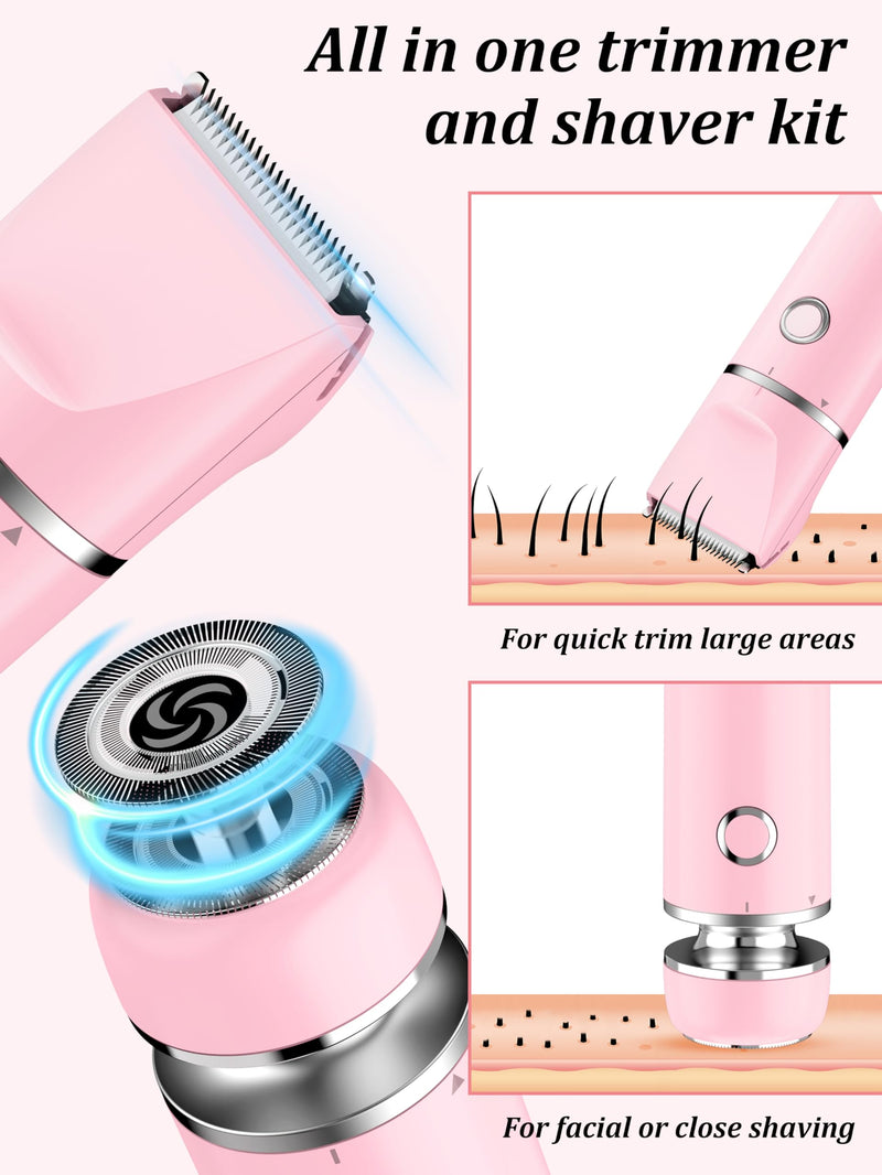 Bikini Trimmer and Shaver Kit for Women - 2-in-1 Wet/Dry Electric Body Hair Trimmer Facial Hair Removal Cordless Waterproof Bikini Shaver Razor for Face Lip Chin Pubic Underarm Legs Pink