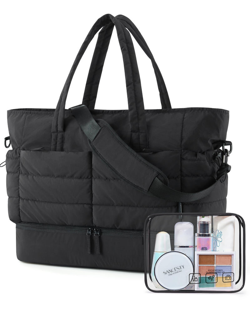 BAGSMART Large Travel Duffel Bag with Shoe Compartment, Puffer Carry-On Gym Weekender Bag for Women, Charcoal