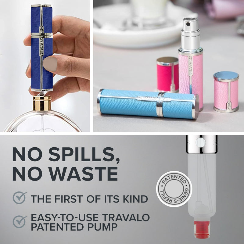 Travalo Milano Perfume Atomizer - Leak-Proof and TSA Approved for Air Travel - Reusable, Airtight, Easy Fill Mini Pump Sprayer - Lightweight, Vegan Leather with Polished Metal Outer Shell - Blue
