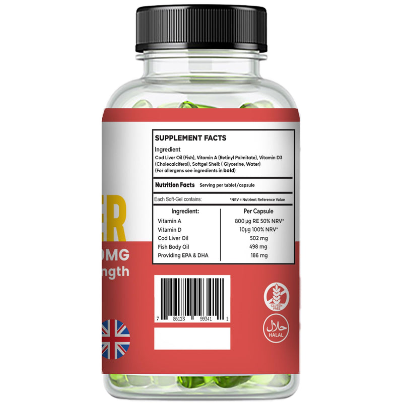 Cod Liver Oil Capsules high Strength 1000mg, 90 Capsules of High Strength Fish Oil, Rich in Omega 3. Supports Heart Health, Brain Health, Eye Health and Normal Blood Pressure Made in UK