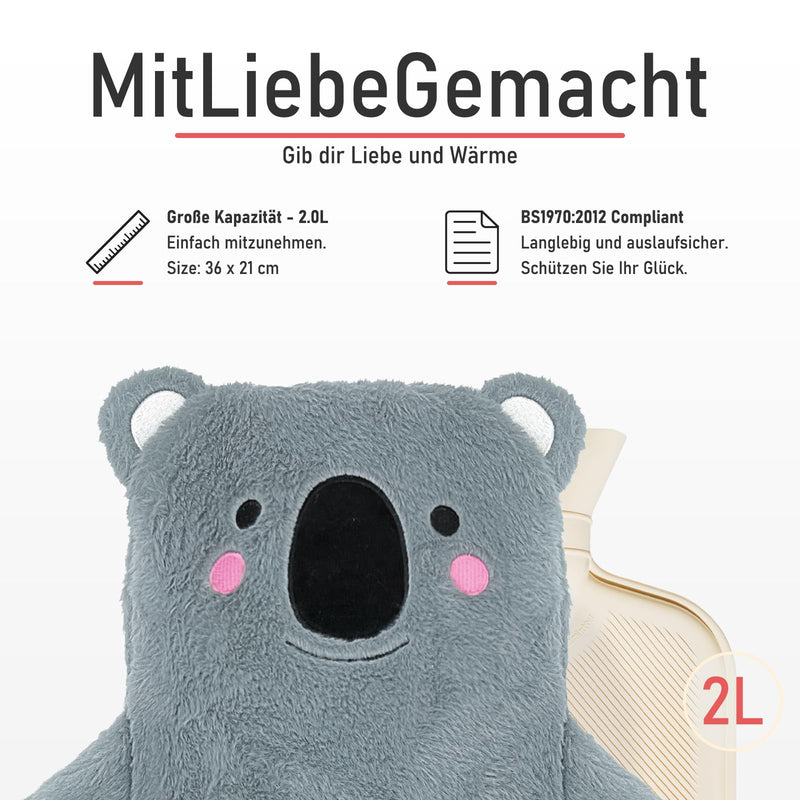 [Australia] - Large hot water bottle with soft cover - plush hot water bottle with fluffy 2L, hot water bottles with hand warmer, bed bottle for women, men and children. Koala large hot water bottle 
