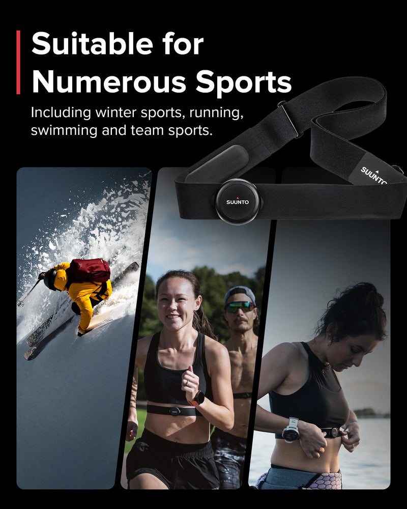 [Australia] - SUUNTO Smart Heart Rate Belt, Accurate Bluetooth Heart Rate Measurement Sensor, Multiple sports Comfortable fit for Running & Swimming, 500H Long Battery Life with Internal Memory, Waterproof, Black 