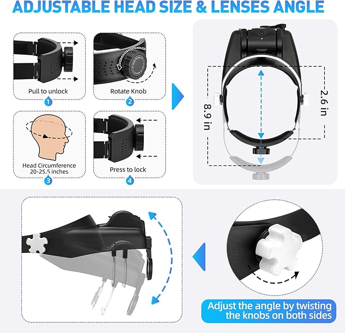 Beileshi Head Mounted Magnifier,1x-6x,8X Head Magnifying Glass with LED Light with Cold and Warm Light Source, Professional Jeweler's Loupe Light