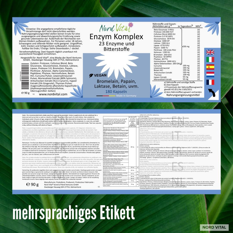 [Australia] - Enzyme complex with 23 active ingredients - 180 gastro-resistant capsules - enzymes and bitter substances - bromelain, papain, amylase, lipase, protease, lactase, betaine HCL, ginger, curcuma... - Vegan 