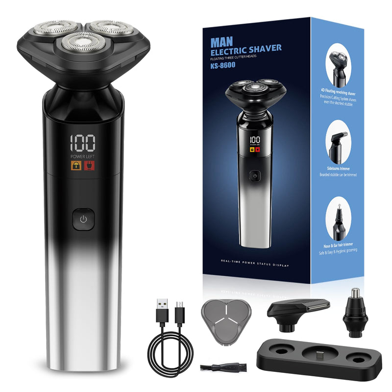[Australia] - Electric Razor for Men, Rechargeable Electric Shaver for Men, Waterproof 3D Rotary Shaving, Wet/Dry Cordless 3-in-1 Electric Shaver with Beard Trimmer, Sideburn & Nose Hair Groomer 