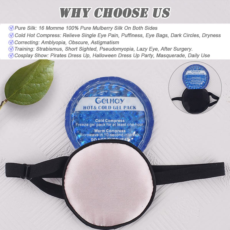 Pure Silk Cooling Eye Patches for Puffy Eyes Ice Eye Mask Cover Medical Single Eye Patch Cold Hot Therapy Strabismus Lazy Eye Bags After Surgery Pirate One Eyepatch Adult Kid (Black-New) Black-new