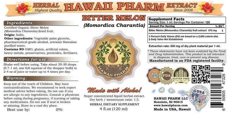 [Australia] - Hawaii Pharm Bitter Melon Liquid Extract, Organic Bitter Melon (Momordica Charantia) Dried Fruit Tincture Herbal Supplement 2 oz 2 Fl Oz (Pack of 1) 
