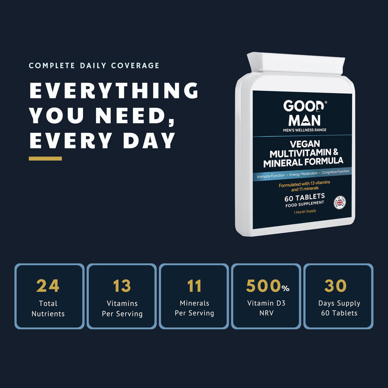 Good Man Vegan Multivitamin & Mineral Tablets | 13 Vitamins & 11 Minerals | B12, Iron, Calcium & Zinc | Energy, Immune & Bone Support | 60 Count | UK Manufactured