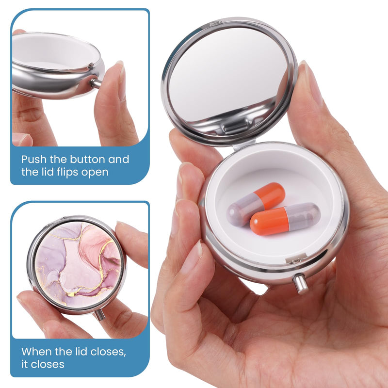 Mini Pill Box, Small Pill Box, Portable Pill Box, Cute Pill Organizer for Vitamins, Medications, Fish Oil and Supplements Pink Marble + Purple Marble