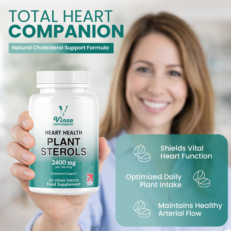 Vinco Plant Sterols High Strength 2400mg - 120 Vegan Tablets, Supports Healthy Cholesterol Levels - Contains Beta-Sitosterol, Vegan and Vegetarian Friendly - Made in The UK