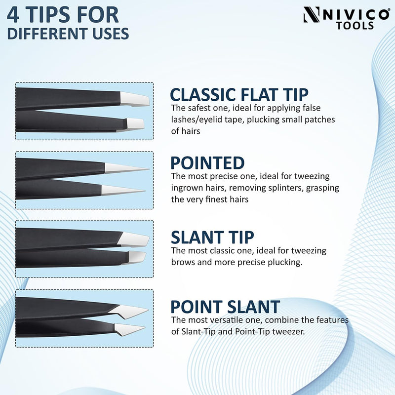 NIVICO Tweezers Set with Leather Pouch – Professional Stainless Steel Tweezers for Eyebrows Precision Facial Ingrown Hair Removal (Black)