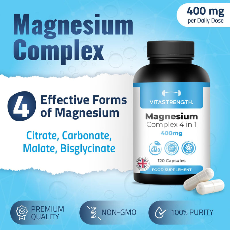 Magnesium Supplement 4 in 1 – 120 Capsules, 400mg Daily Dose-with Magnesium Bisglycinate,Citrate,Malate & Carbonate-Essential Mineral Complex for General Well-Being & Daily Support by VITASTRENGTH.