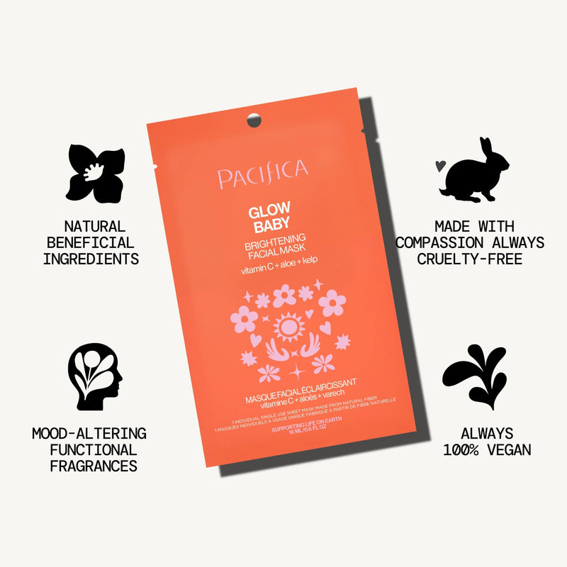 Pacifica Glow Baby Brightening Vitamin C Face Mask 4-Pack – Hydrating Serum-Soaked Sheet Mask for Glowing Skin, Fights Dullness & Dark Spots, Infused with Aloe & Kelp, 100% Vegan & Cruelty-Free 1 Count (Pack of 4)