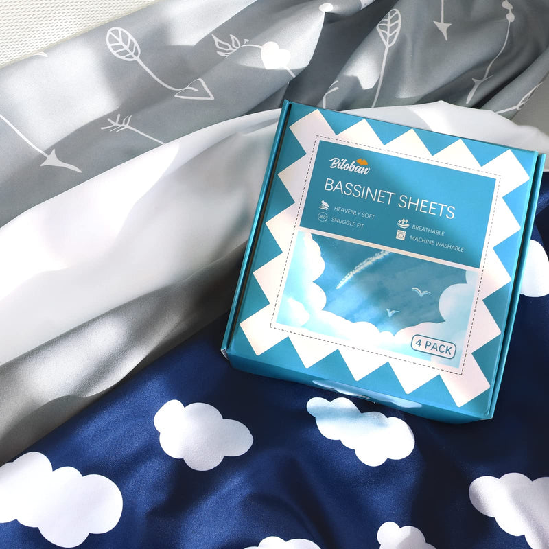 [Australia] - Baby Bassinet Sheets 4 Pack Compatible with 33" x 20" Mika Micky, Baby Delight, Dream On Me, AMKE and Other Rectangle Bassinet Mattress, Ultra Soft & Skin Friendly, Washer & Dryer Navy Blue Cloud for Mika Mikcy & Baby Delight & Bedside Sleeper 