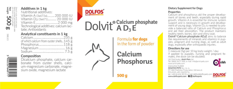 Dolvit Calcium Phosphate A D3 E 500g for Puppy Adult Pregnant Nursing Dogs