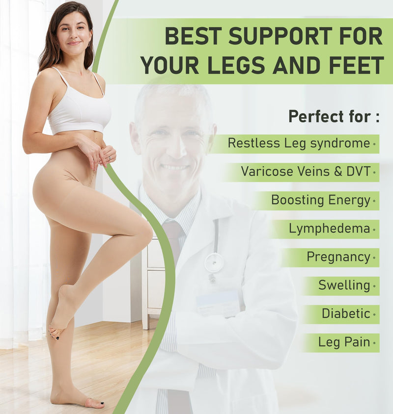 [Australia] - KEKING Medical Compression Pantyhose for Women & Men, Comfort 20-30 mmHg Graduated Compression Support Stockings, Open Toe Compression Tights for Varicose Veins, Edema, Flight, Beige L Large 20-30mmhg Open Toe Beige 