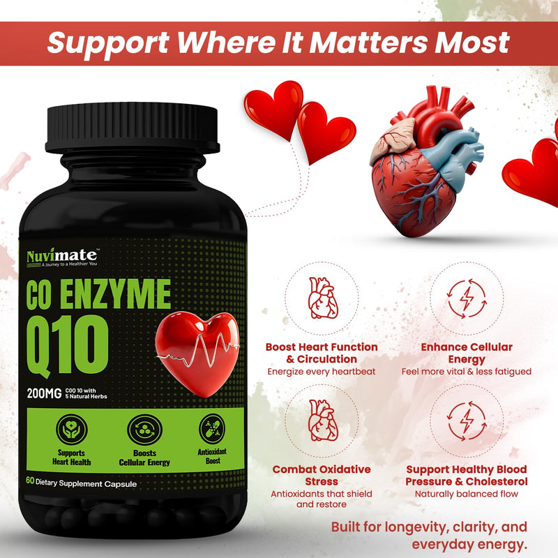 CoQ10 Supplement Capsules from Ubiquinone| Coenzyme Q10 200mg Capsules Potent Antioxidant Supplement Support Heart Health & Energy Production with Highest Bioavailability - 60 Count