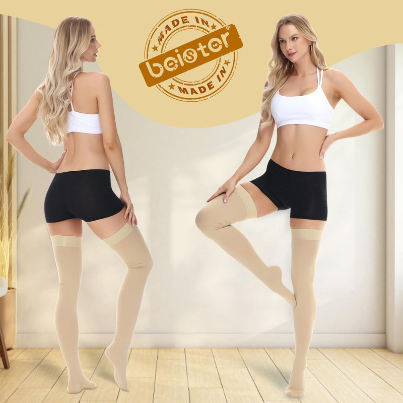 [Australia] - beister 15-20 mmHg Medical Compression Stockings with Dot Silicone Band, Closed Toe Thigh High Graduated Compression Socks for Women Men, Circulation Support Pressure Stockings for Varicose Veins, DVT Beige Large 