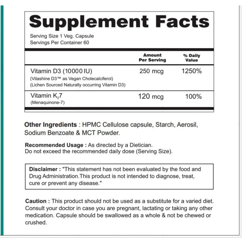 DK | Vegan Vitamin D3 10000 IU, Vitamin K2 120 Mcg with MCT Powder, Vegetarian Vitamin D3 K2 for Women and Men,Lichen Vitamin D3-60 Gluten Free Capsules