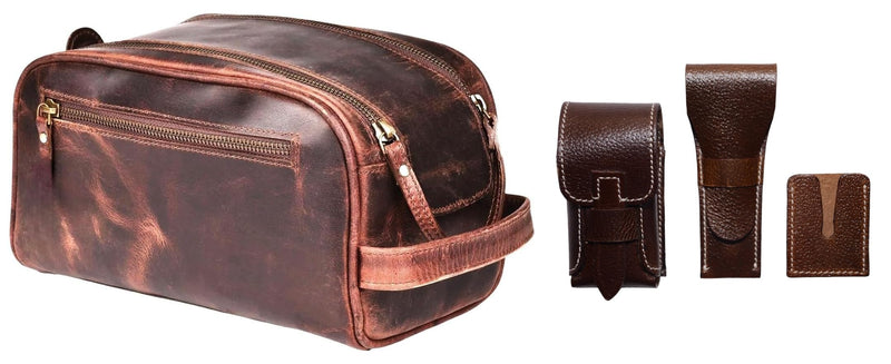 Leather Rifle Gun Sling Vintage Brown Crazy Horse/Hand Stitched 1" Wide w/th WWII Style Leather Toiletry Bag Travel Vintage Dopp Kit