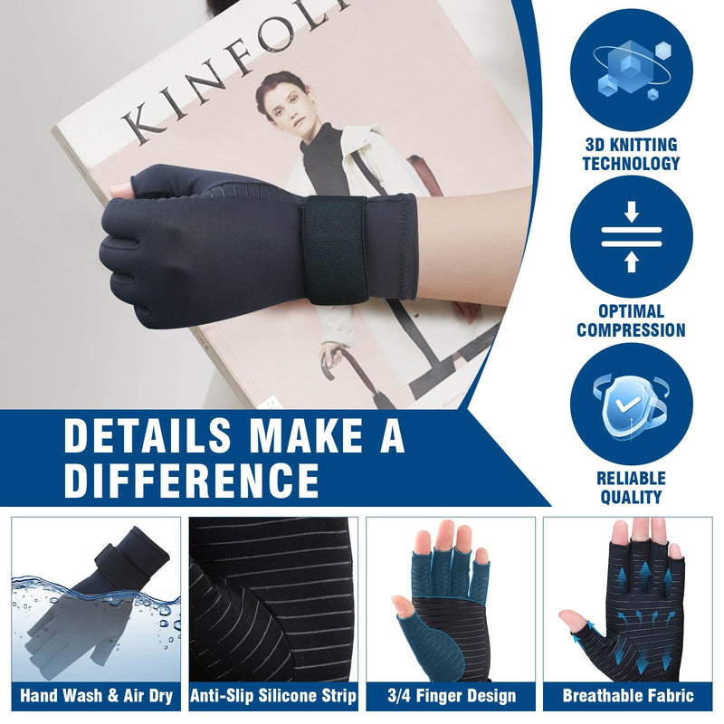 2 Pairs Pack Compression Gloves for Women Men, Copper Arthritis Gloves for Hand Pain Relief, Carpal Tunnel Wrist Support, Rheumatoid, Joint Swelling,Fingerless for Computer Typing(Small/Medium) Fingerless Small/Medium (2 Pairs)