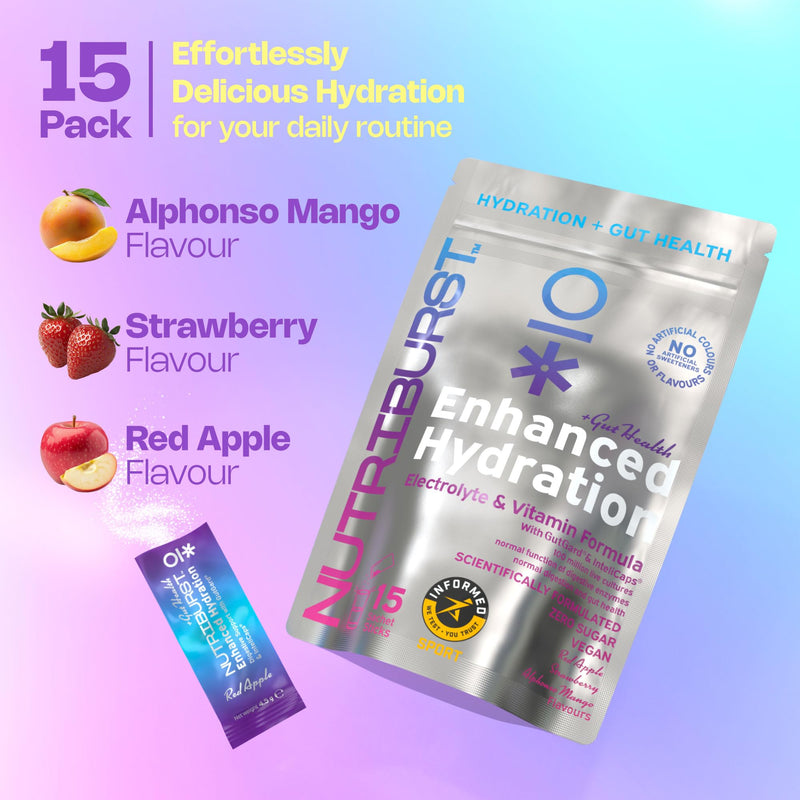 Nutriburst - Gut Health - Electrolytes + 11 Vitamins & Minerals • Digestive Function • Enhanced Hydration - Suitable for Vegans - 15 Pack: Mango, Strawberry & Apple Mixed Flavours 15 Servings (Pack of 15)
