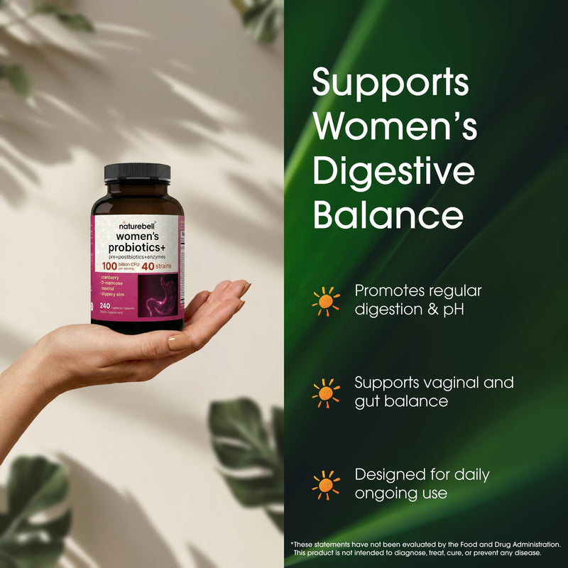 NatureBell Women's Probiotics+ - 240 Vegetarian Capsules - Prebiotic, Probiotic, Postbiotic & Digestive Enzymes - Made with Cranberry, D-Mannose, Inositol & More