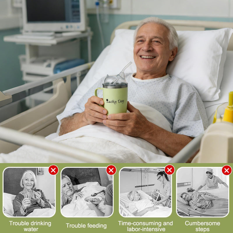 350ml Adult Sippy Cups, 3-in-1 Beakers for Elderly with 30cm Straw and Lid, Anti Choke & Non Spill Elderly Drinking Cup with Handle, Stainless Steel Dysphagia Cups for Disabled Adults Drinking Aids