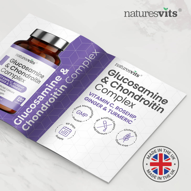 Glucosamine Sulphate and Chondroitin High Strength Supplement, 120 Capsules - with Turmeric and Vitamin C Complex - Arthritis and Joint Care for Women and Men to Assist with Pain Relief