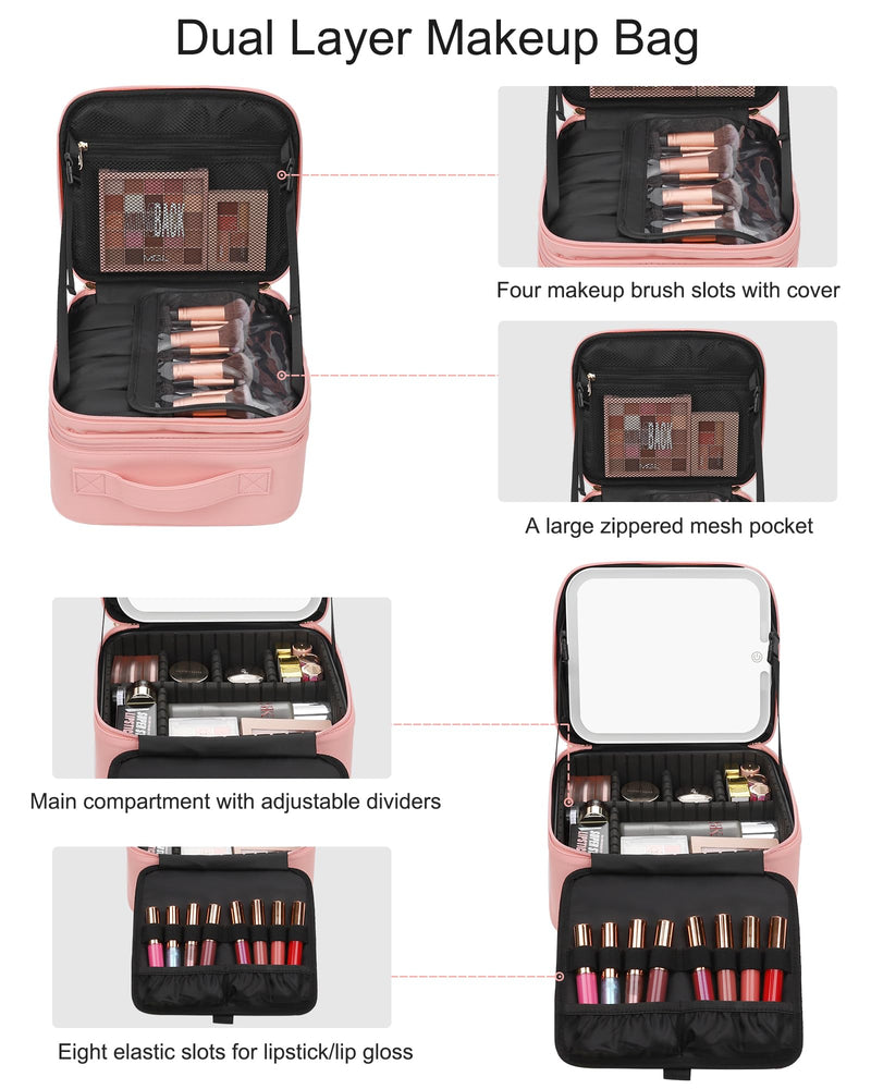 Chomeiu Makeup Bag with LED Mirror, 2 Layer Travel Makeup Case for Women | USB-C Detachable Mirror, Adjustable Dividers, Removable Brush Holder, High Quality PU Leather, Easy-to-clean, Double Zipper A-Small 05-Pink 2 Layer