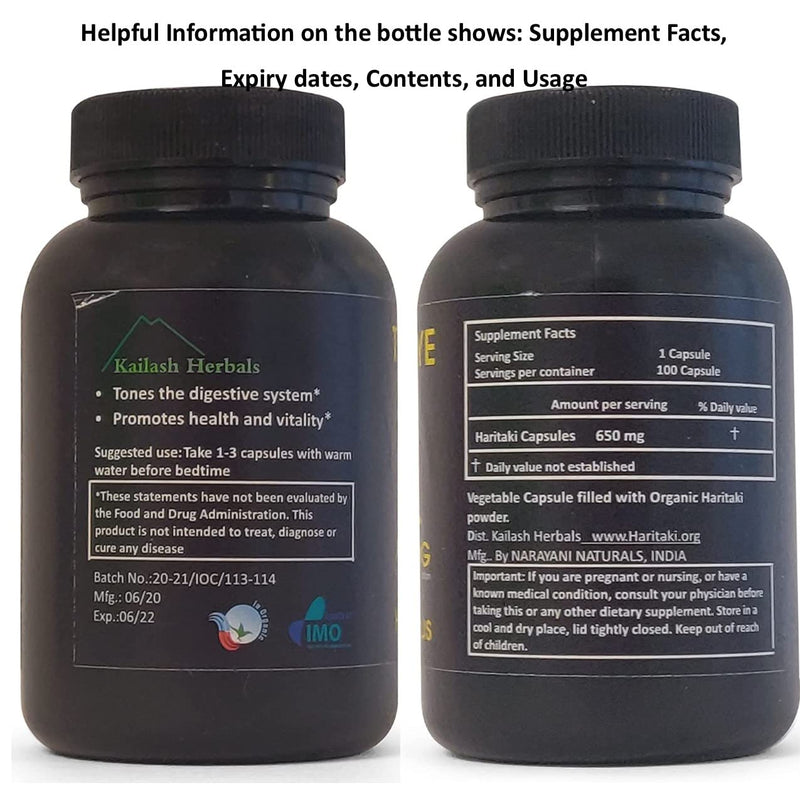 [Australia] - Third Eye Awakening - Organic Haritaki Capsules- Kailash Herbals-100 capsules- 650 mg each-Terminalia chebula- Vegan 