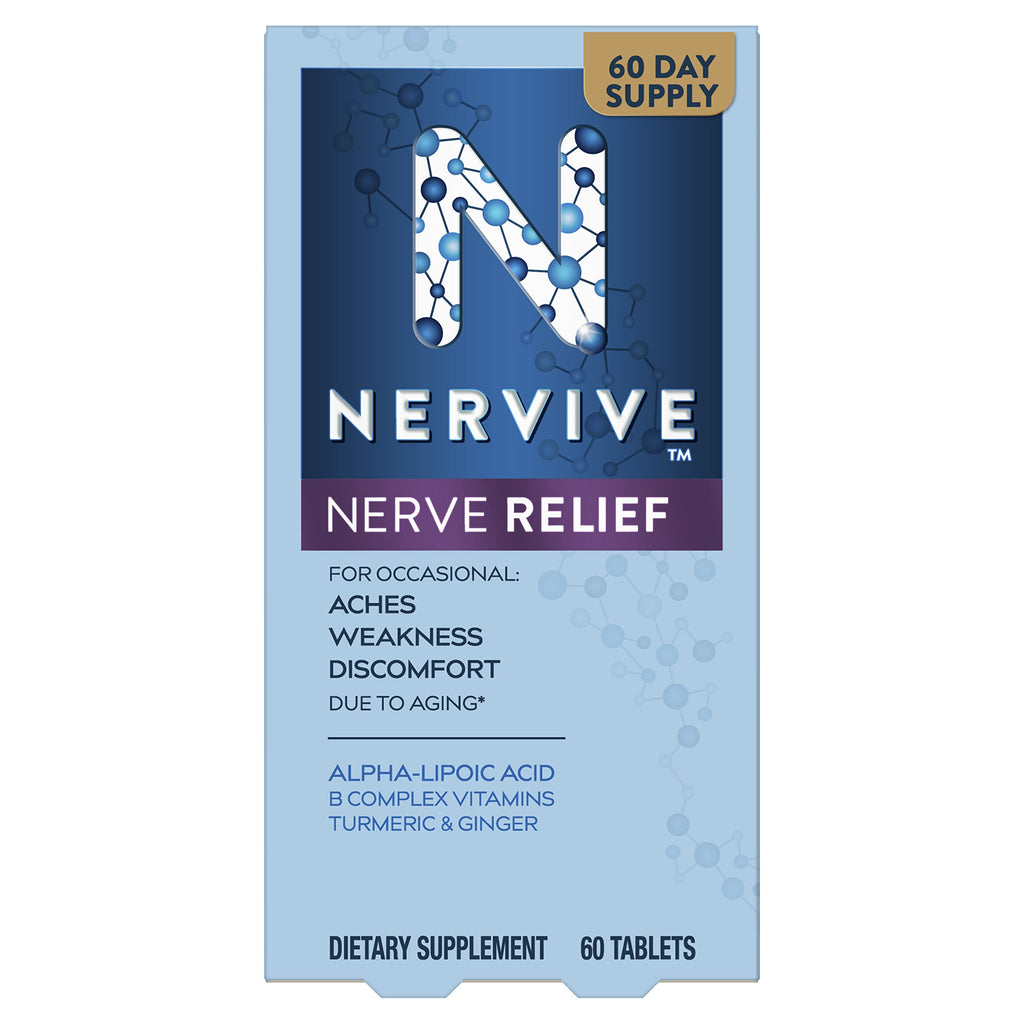 Nervive Nerve Relief, with Alpha Lipoic Acid, to help Reduce Nerve Aches, Weakness, & Discomfort in Fingers, Hands, Toes, & Feet*†, ALA, Vitamins B12, B6, & B1, Turmeric, Ginger, 60 Daily Tablets