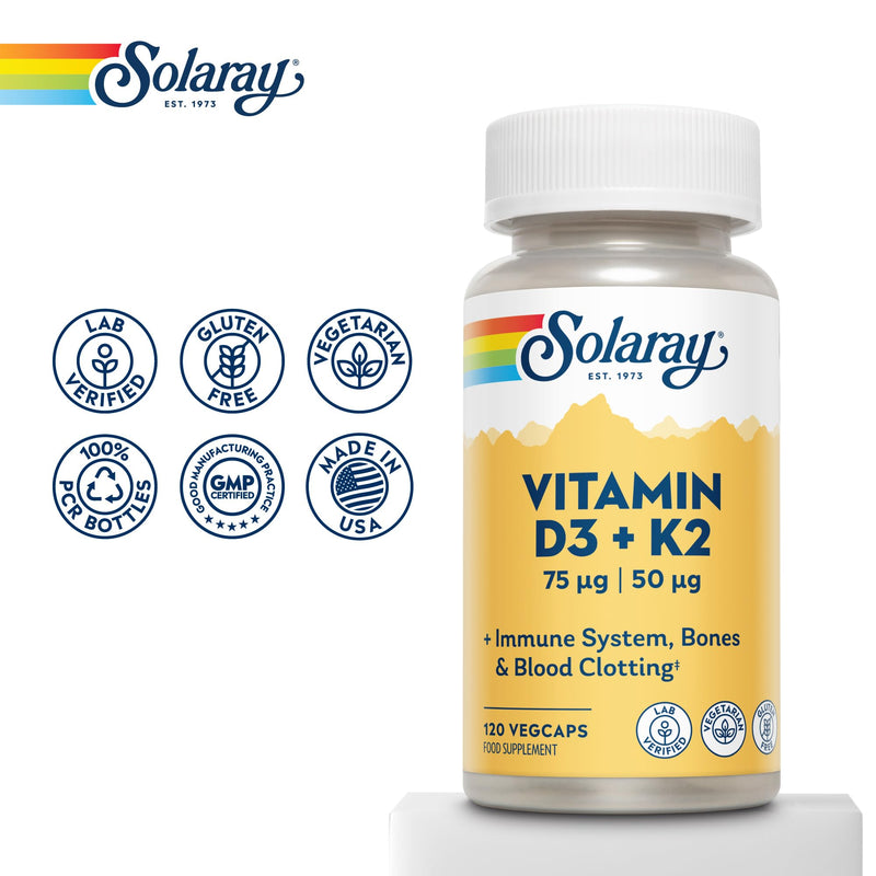 Solaray Vitamin D3 3000 IU and K2 50mcg - 120 Vegetarian Capsules - High Strength Vitamin D and K for Immune, Bone & Muscle Support - 4 Month Supply - Lab Verified