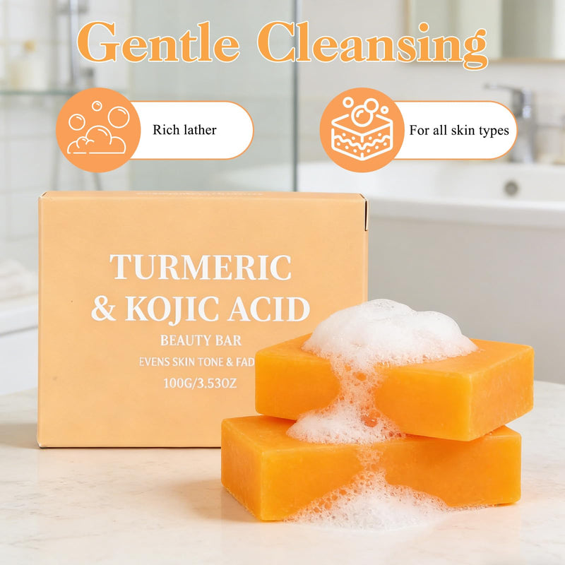 Turmeric Soap, Turmeric Soap Bar for Face ＆ Body (2pcs) | Turmeric and Kojic Soap, Even Tone Skin with Vitamins, Natural turmeric Handmade Soap for All Skin Types