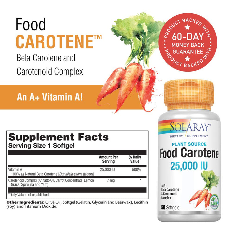 [Australia] - SOLARAY Food Carotene, Vitamin A as Beta Carotene 25000IU | Carotenoids for Healthy Skin & Eyes, Antioxidant Activity & Immune System Support | 50ct 50 Count (Pack of 1) 