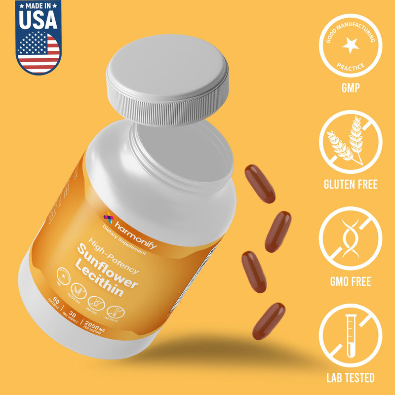 Sunflower Lecithin Wellness Supplement, 2050 mg High-Potency, Lab Tested Non-GMO, Gluten-Free, Soy-Free 60 Softgels, Proudly USA Company