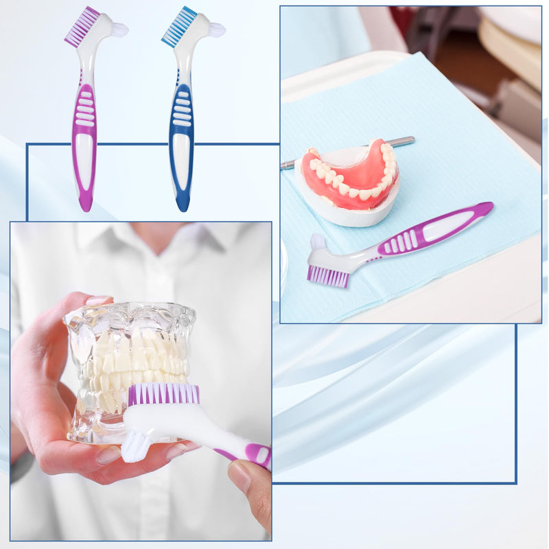 [Australia] - 2 Pcs Denture Brush, Denture Toothbrush with Case Double Sided Denture Cleaning Brush Retainer Brush, Multi-Layered Soft Bristles and Rubber Anti-Slip Handle for Denture Clean Teeth Maintenance 