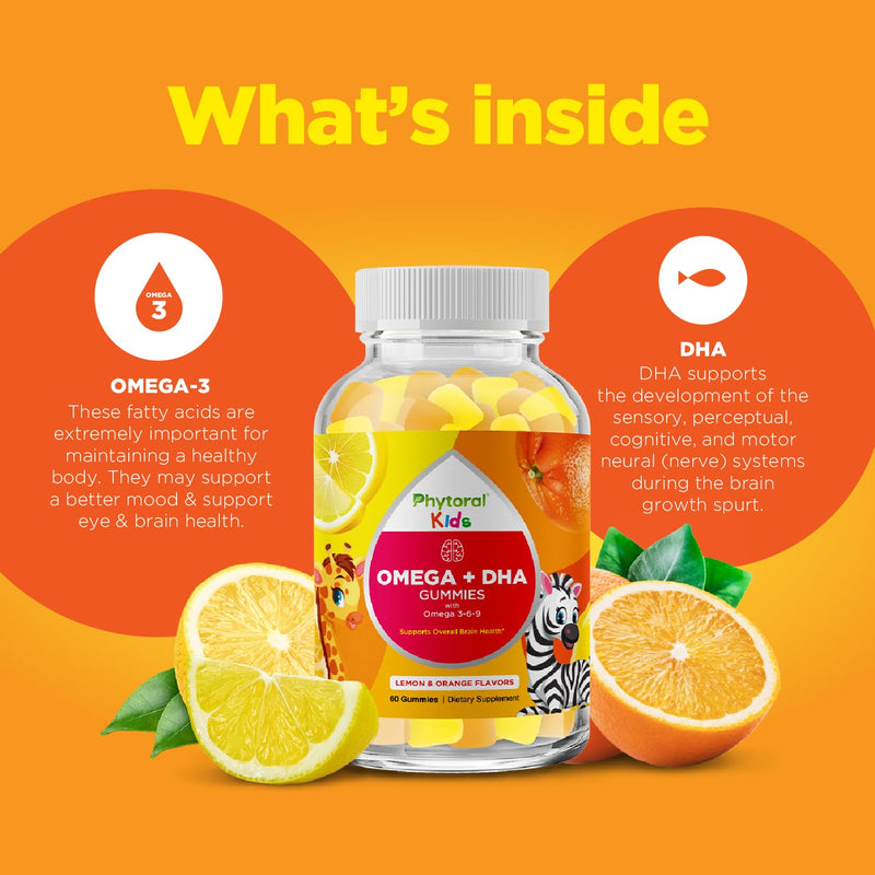 Kids Omega and DHA Gummies - Fatty Acids Omega 3 6 9 with Vitamin C for Vision - Nutritional DHA for Kids for Healthy Nervous System & Focus Support - Fish Free - 60 Count