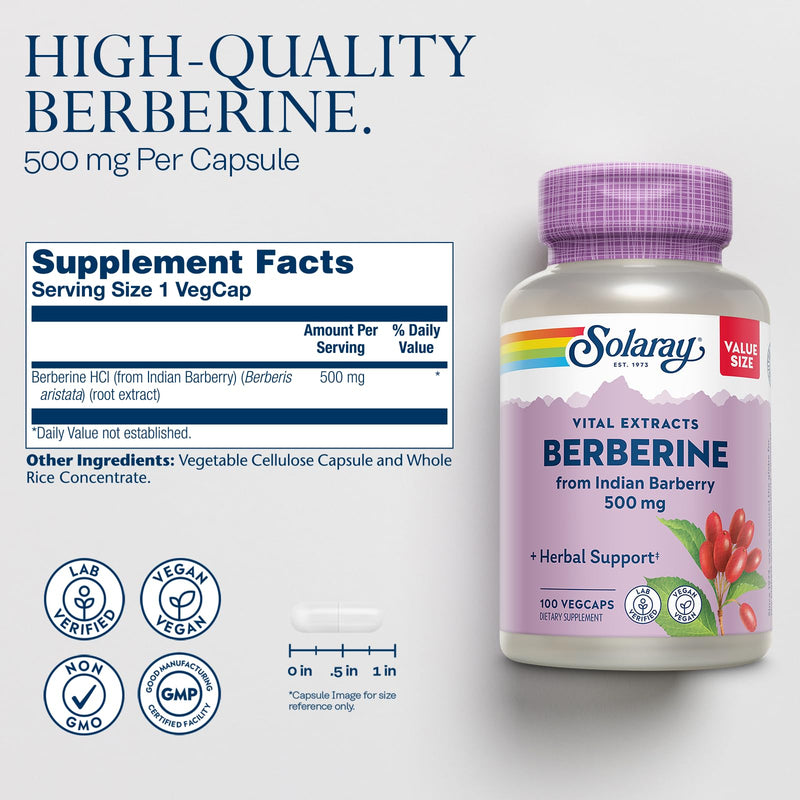 [Australia] - SOLARAY Berberine 500mg - Berberine Supplement for a Healthy, Active Lifestyle - with Berberine HCl from Indian Barberry - Vegan, Non-GMO, 60-Day Guarantee, Lab Verified - 100 Servings, 100 VegCaps 100ct 