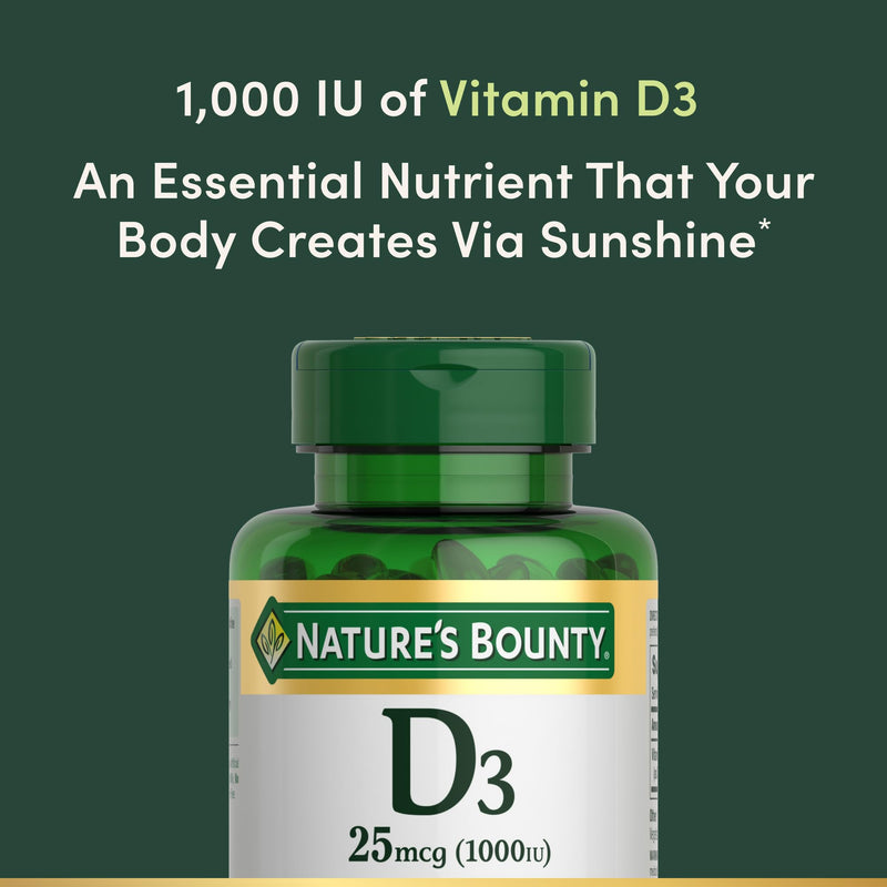 Nature's Bounty Vitamin D3 1000 IU, Immune Support, 250 Count | Helps Maintain Healthy Bones, 250 Rapid Release Softgels 250 Count (Pack of 1)