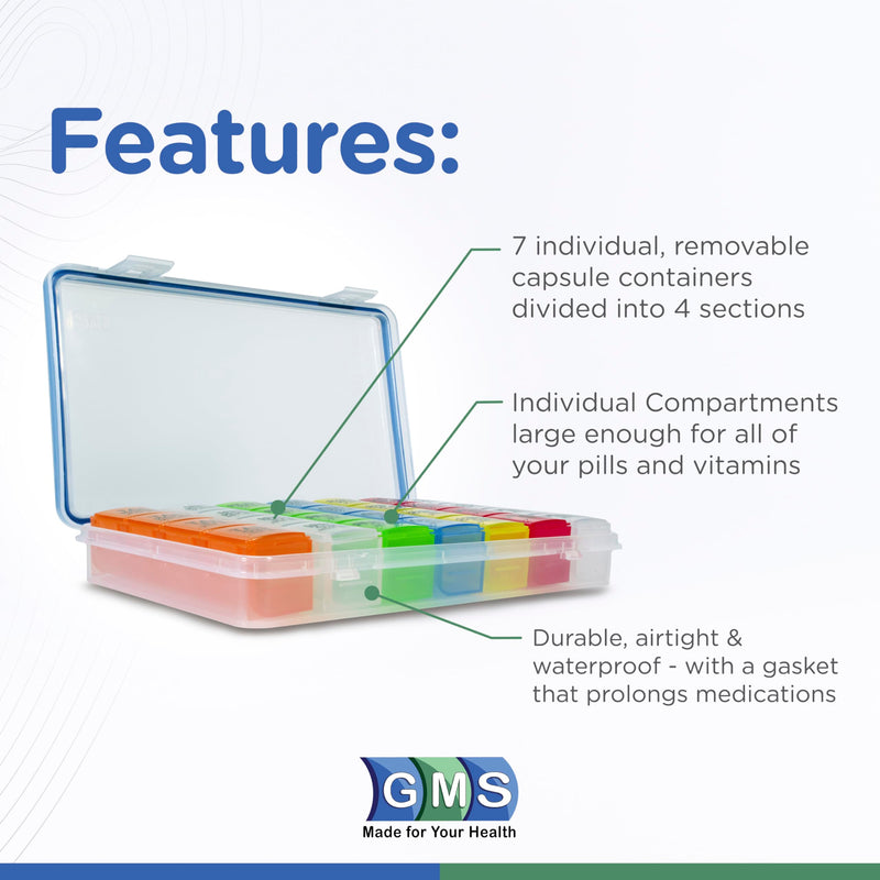 Pill Organizer Weekly 4 Times a Day, 7 Day Travel Medicine Organizer by GMS | Large Pill Box with Daily Removable Containers, Waterproof 4 Times a Day Easy Open Pill Organizer for Vitamins & Supplements