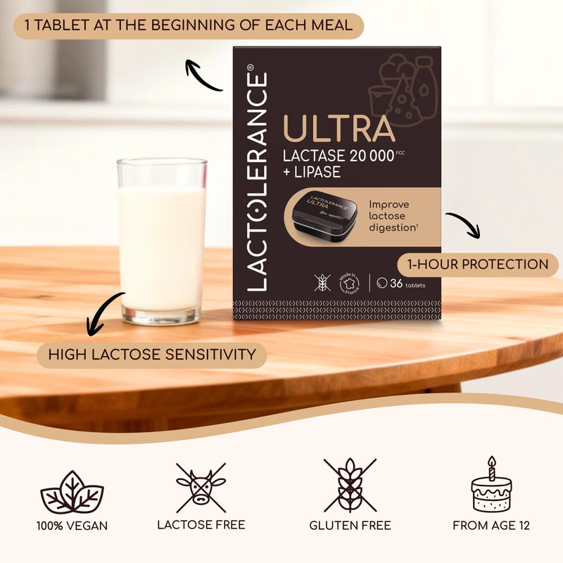LACTOLERANCE Ultra | Lactase Tablets 20,000 FCC – High Strength with Lipase 500 UI – Lactose Intolerance Support for Dairy & Fatty Meals – 36 Chewable or Swallowable Tablets Unflavoured