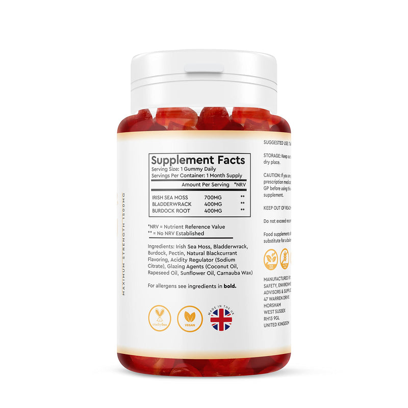 Irish Sea Moss Gummies 1500MG - 1 Month Supply 30 Vegan Gummies - Bladderwrack, Burdock Root, Irish Sea Moss High Strength