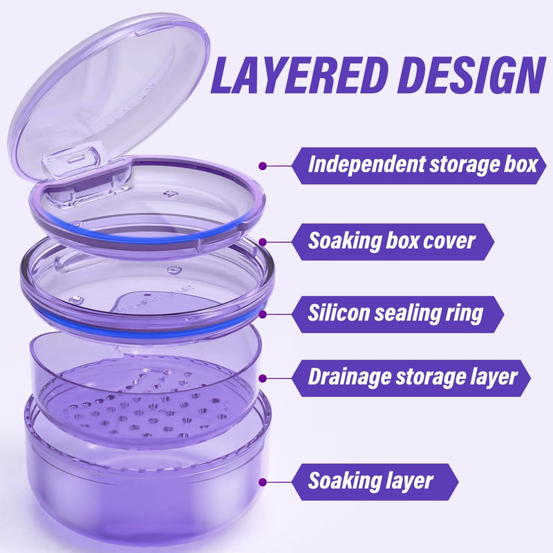 [Australia] - Denture Case, Denture Bath Box with Strainer Basket, 2 in 1 Retainer Case, No-Leak Denture Bath Box Cup, Complete Clean Care for Dentures, Clear Braces, Mouth Guard, Night Guard & Retainers-2pack Blue-Purple 