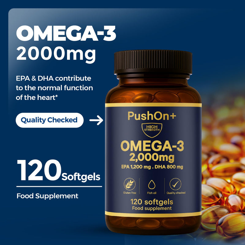 PushOn+ Omega-3 2000 mg Fish Oil Capsules – 120 Softgels – EPA 1200 mg & DHA 800 mg per Daily Serving – Food Supplement – 2 Months Supply