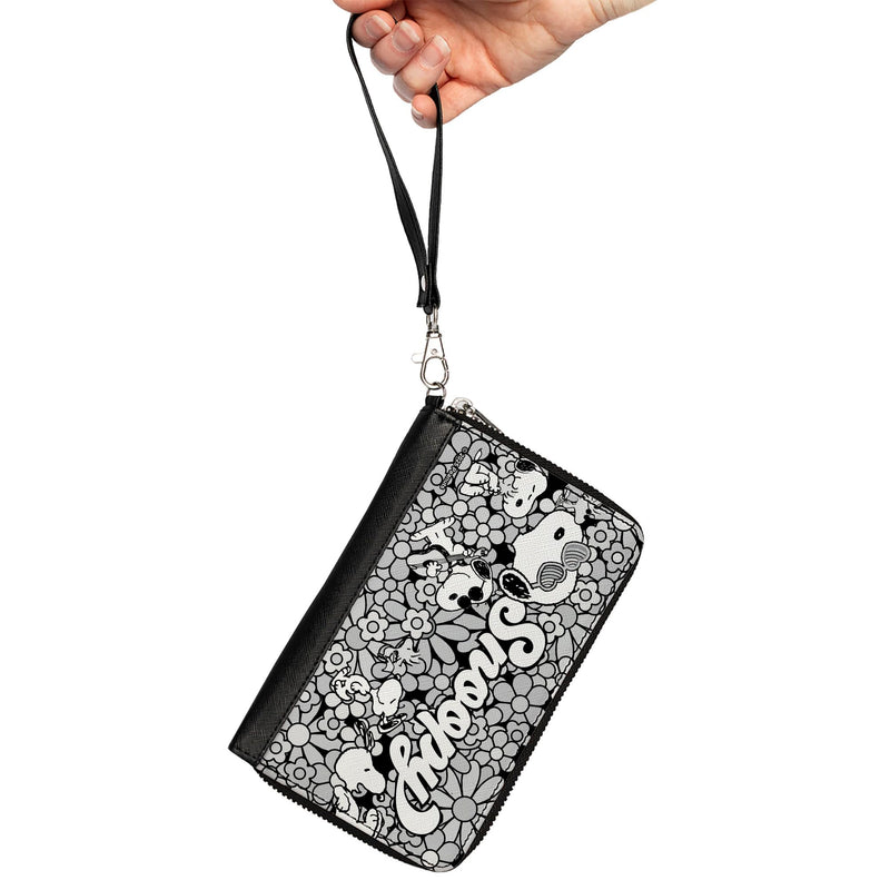 Buckle-Down Peanuts Vegan Leather Zip Around Wallet | Snoopy Poses and Daisy Flowers Collage Black Grays White Billfold Credit Card and ID Slots