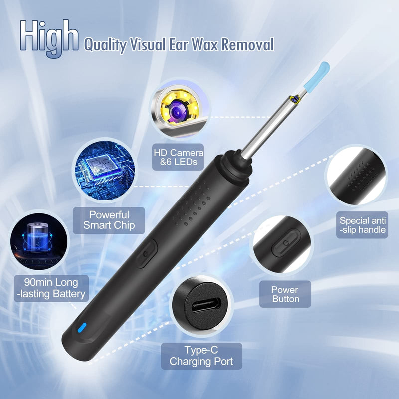 [Australia] - Ear Wax Removal, Ear Cleaner with Camera 1080P HD Wireless, Ear Otoscope with 6 LED Lights, Earwax Remover Kit with 8 Pcs Ear Set, Ear Wax Remowal Tool for iPhone, iPad, Android Phones Black 