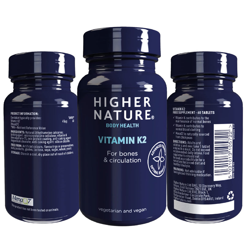 Higher Nature - Vitamin K2 One A Day - Bone & Cardio Support - Vitamin K2 MK7 - Gluten Free - SOYA Free - Vegan & Vegetarian Tablets - 60 Tablets 60 count (Pack of 1)